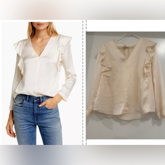Rebecca Taylor Tops - Rebecca Taylor Long Sleeve Silk Ruffe V-Neck Vanilla Blouse Size 8